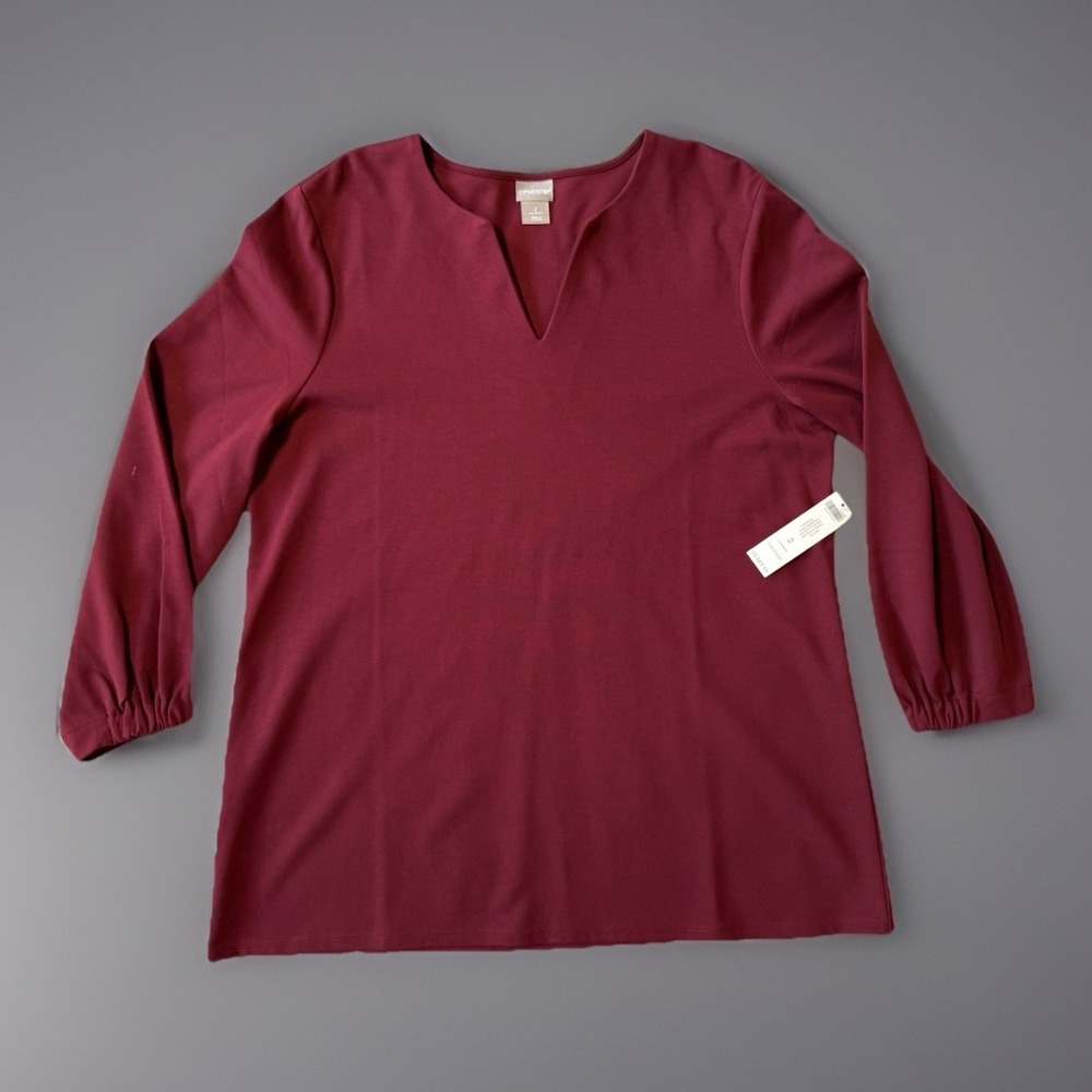 NWT Chico's Split V Neck‎ Top Blouse Burgundy Womens Size 2